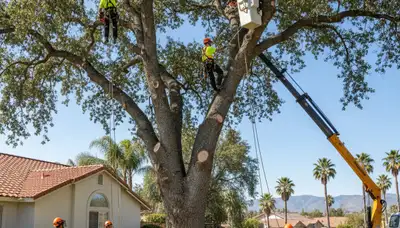 Professional arborists performing safe tree removal with crane and chainsaws in Bakersfield, CA