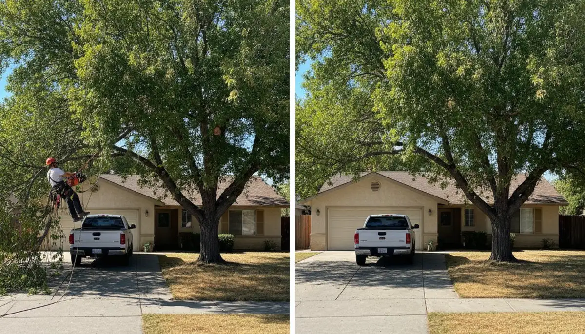 Arborist performing canopy lift tree trimming for safe clearance in Bakersfield, CA residential area