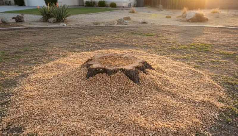 Finished stump grinding with wood chips after tree removal in Bakersfield, CA lawn restoration