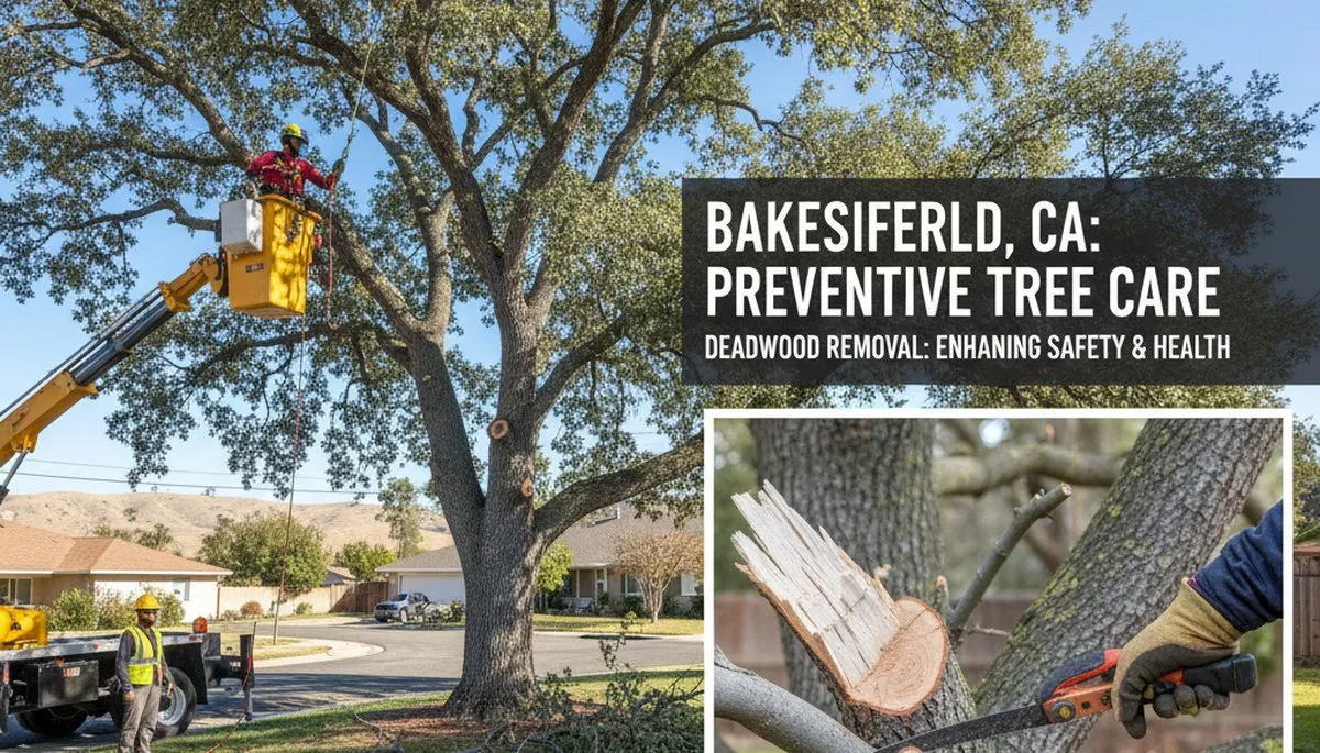 Arborist removing dead branches during professional tree trimming in Bakersfield, CA