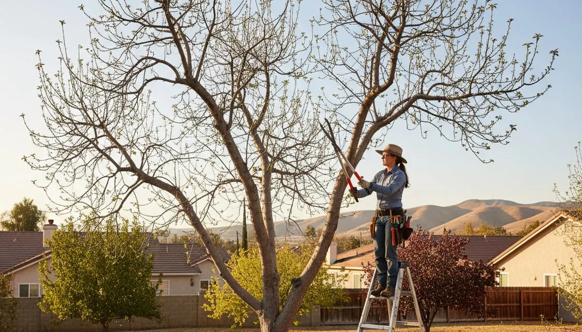 Arborist pruning fruit tree in Bakersfield CA backyard for healthy growth by Chop Chop Tree Service