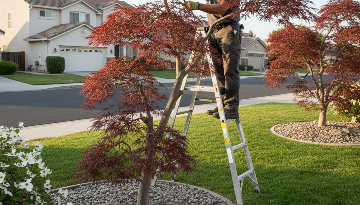 Arborist hand prunes ornamental Japanese maple for refined curb appeal in Bakersfield, CA landscape