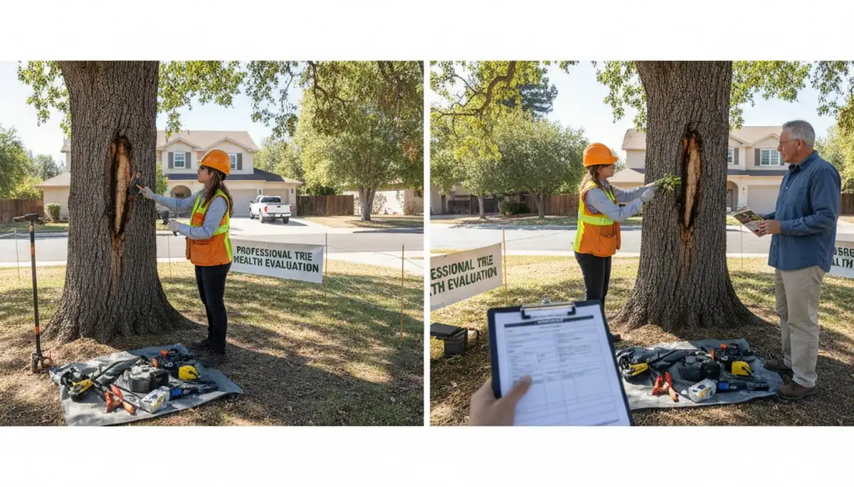 Certified arborist performing tree health assessment for homeowners in Taft, near Bakersfield, CA