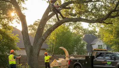 Arborist performing tree removal in Bakersfield, CA with professional equipment and safety gear