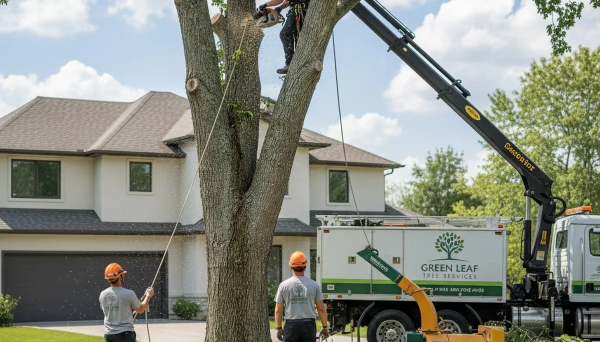 Professional tree removal crew working safely in Bakersfield, CA yard