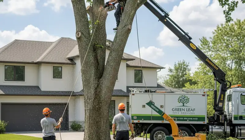 Professional tree removal crew working safely in Bakersfield, CA yard