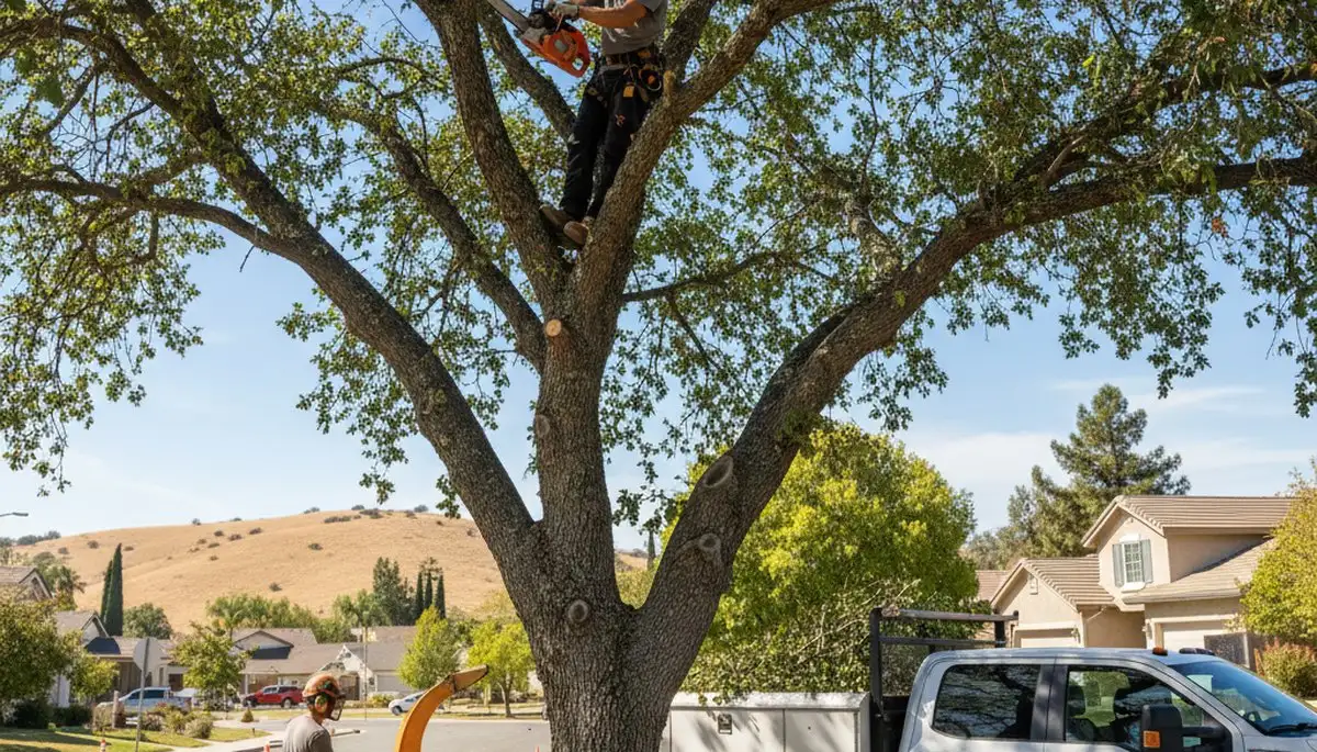 Professional tree removal service in Bakersfield, CA safely cutting large oak tree