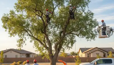 Professional tree removal service in Bakersfield, CA safely cutting large oak tree branches