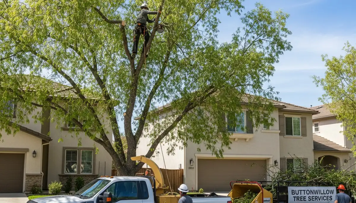 Professional tree removal service in Bakersfield, CA safely cutting large oak tree