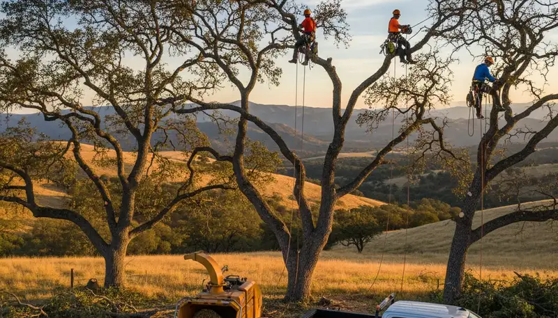 Professional tree removal service in Bakersfield, CA safely cutting down large oak tree