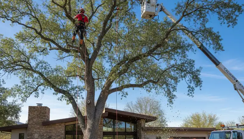 Professional tree removal service team working in Bakersfield, CA yard