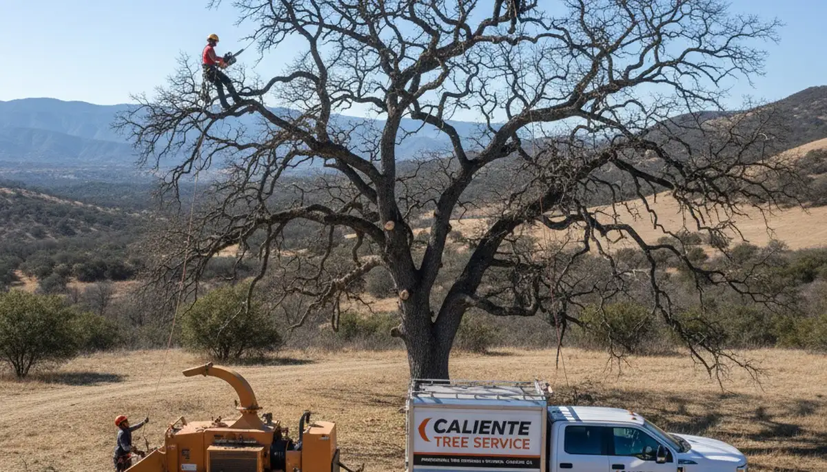 Professional tree removal service team working safely in Bakersfield, CA yard