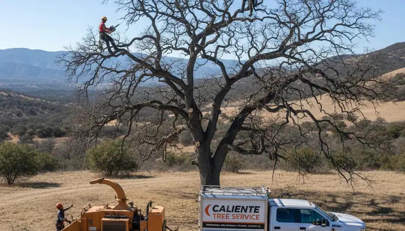 Professional tree removal service team working safely in Bakersfield, CA yard