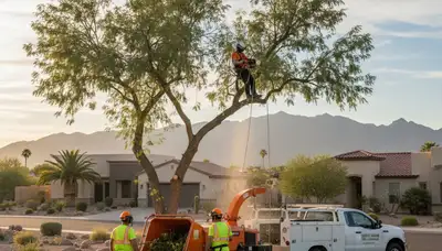 Professional tree removal service in Bakersfield, CA safely cutting and clearing large backyard trees