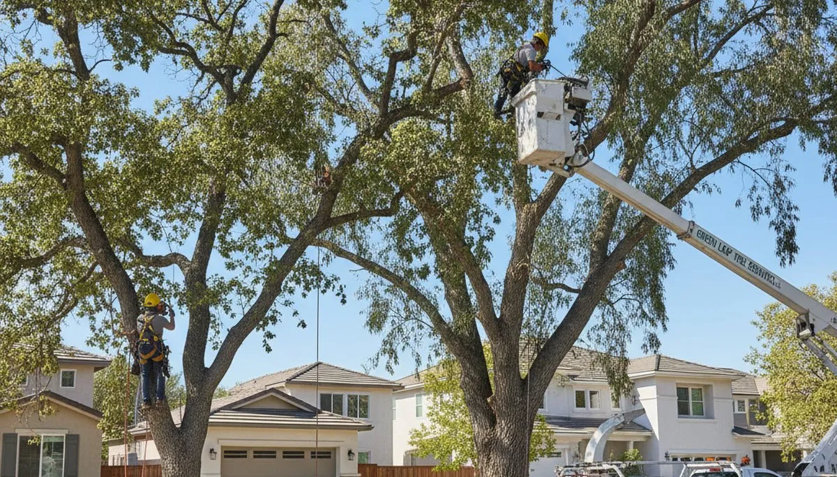 Professional tree removal service in Bakersfield CA safely cutting large oak tree