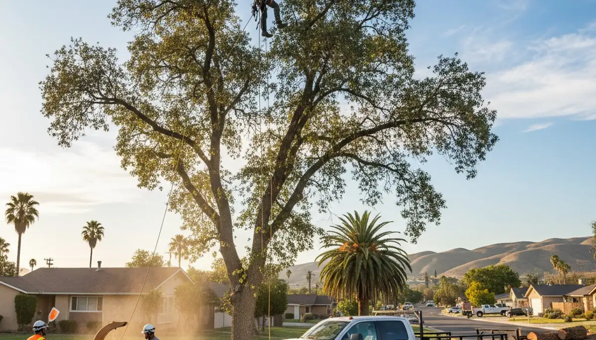 Professional tree removal service in Bakersfield, CA safely cutting and clearing large oak trees
