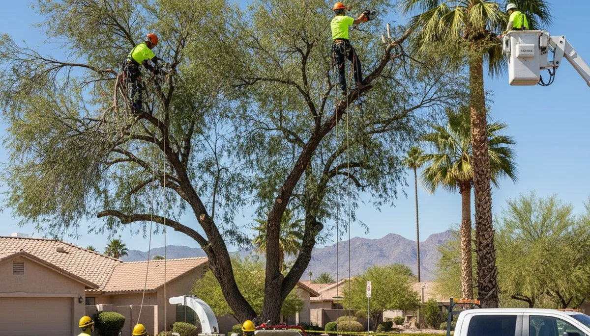 Professional tree removal service in Bakersfield CA safely cutting large oak tree