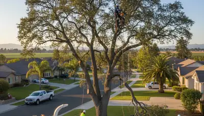 Professional tree removal service team working safely in Bakersfield, CA backyard