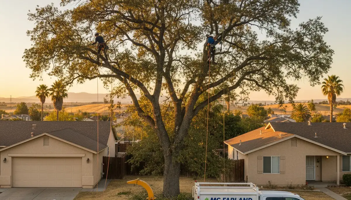Professional tree removal crew working safely in Bakersfield, CA yard