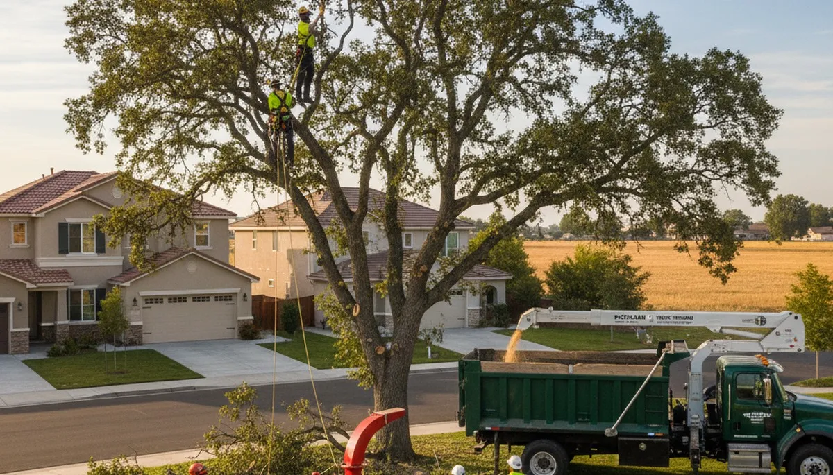 Professional tree removal service crew working safely in Bakersfield, CA yard