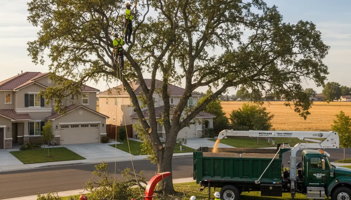 Professional tree removal service crew working safely in Bakersfield, CA yard