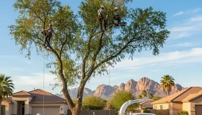 Professional tree removal service in Bakersfield, CA safely cutting and clearing large trees