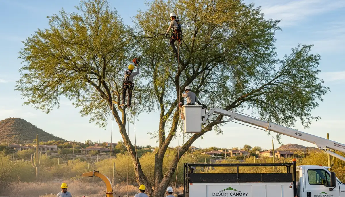 Professional tree removal service in Bakersfield, CA safely cutting down large residential tree