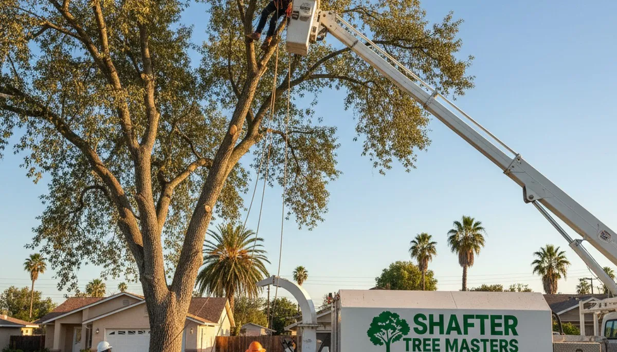 Professional tree removal service in Bakersfield CA safely cutting and clearing large backyard trees
