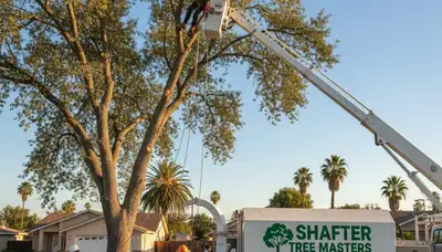 Professional tree removal service in Bakersfield CA safely cutting and clearing large backyard trees