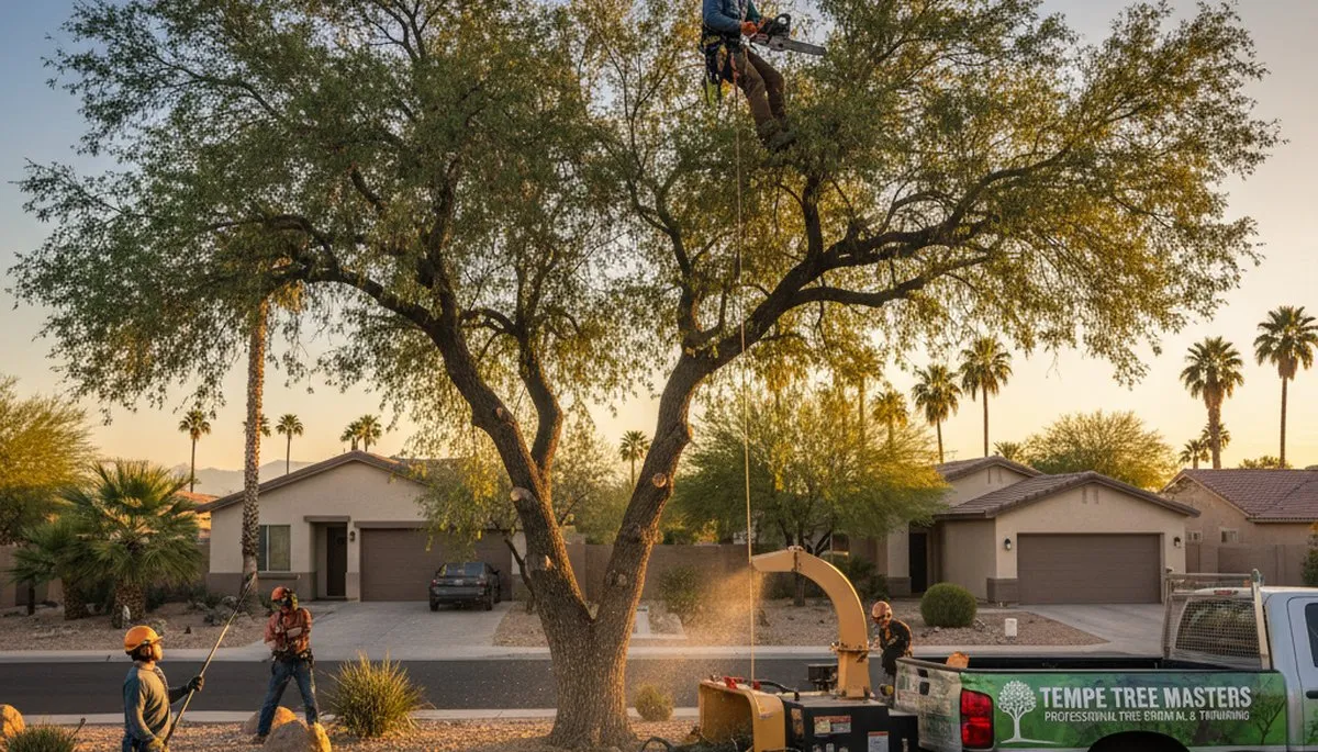 Professional tree removal service in Bakersfield, CA safely cutting down large oak tree