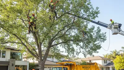 Professional tree removal service in Bakersfield, CA safely cutting down a large oak tree